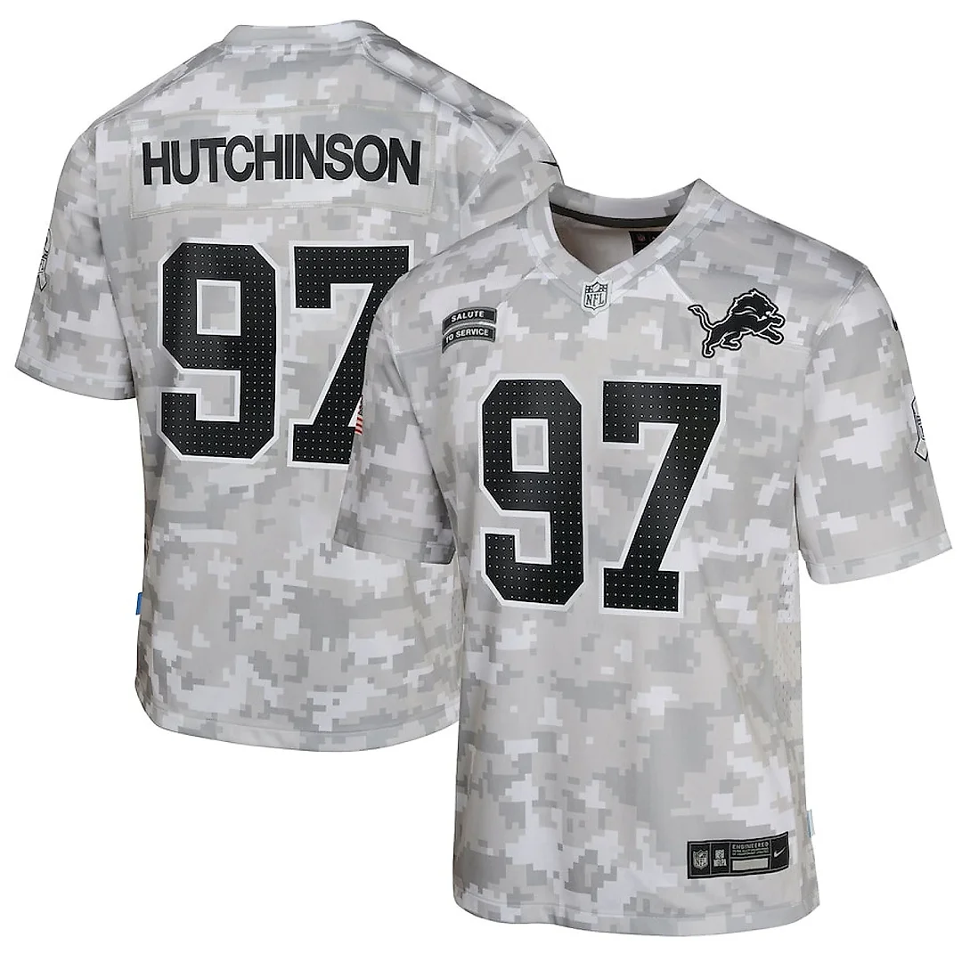 Zennovawear Aidan Hutchinson 97 Detroit Lions 2024 Salute to Service Game YOUTH Jersey - Arctic Camo
