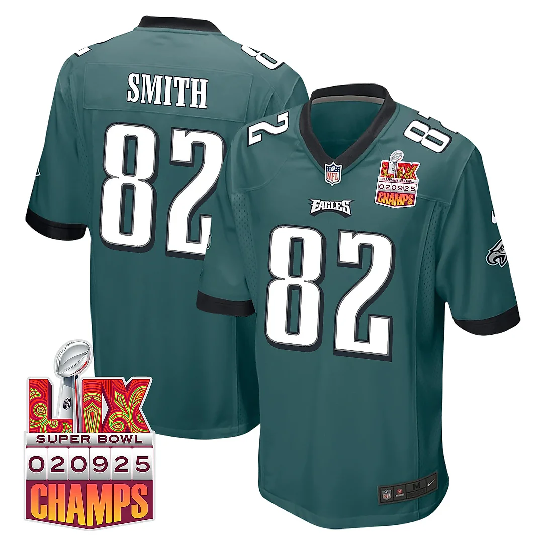Zennovawear Ainias Smith 82 Philadelphia Eagles Super Bowl LIX Champions Patch Game Men Jersey - Midnight Green