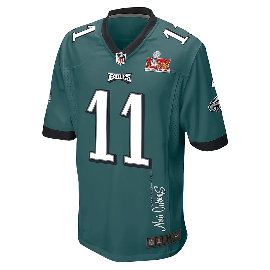 Zennovawear A.J. Brown 11 Philadelphia Eagles Super Bowl LIX 'New Orleans - Where Passion Ignites' EMBROIDERED Game Men Jersey - Midnight Green