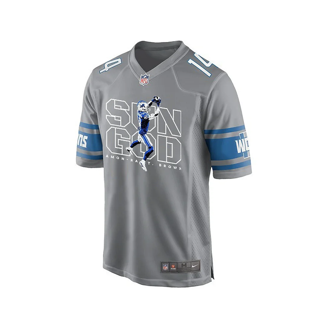 Zennovawear Amon-Ra St. Brown 14 Detroit Lions Sun God Game Men Jersey - Silver