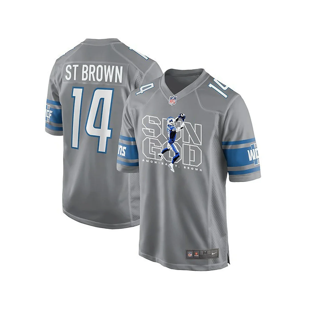 Zennovawear Amon-Ra St. Brown 14 Detroit Lions Sun God Game Men Jersey - Silver