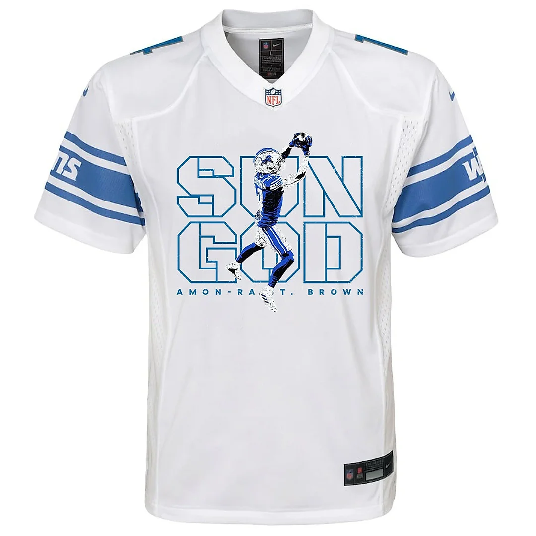 Zennovawear Amon-Ra St. Brown 14 Detroit Lions Sun God Game YOUTH Jersey - White