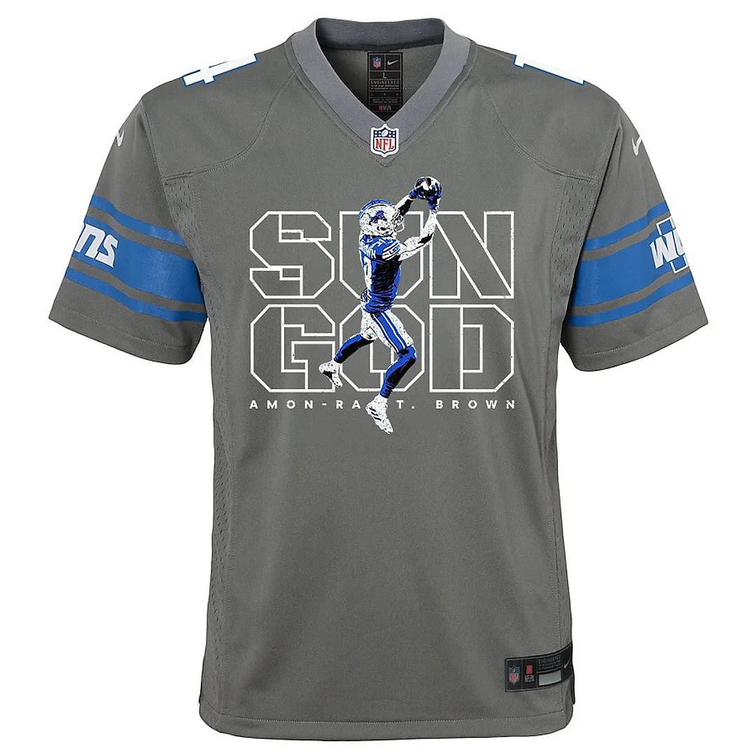 Zennovawear Amon-Ra St. Brown 14 Detroit Lions Sun God Game YOUTH Jersey - Silver