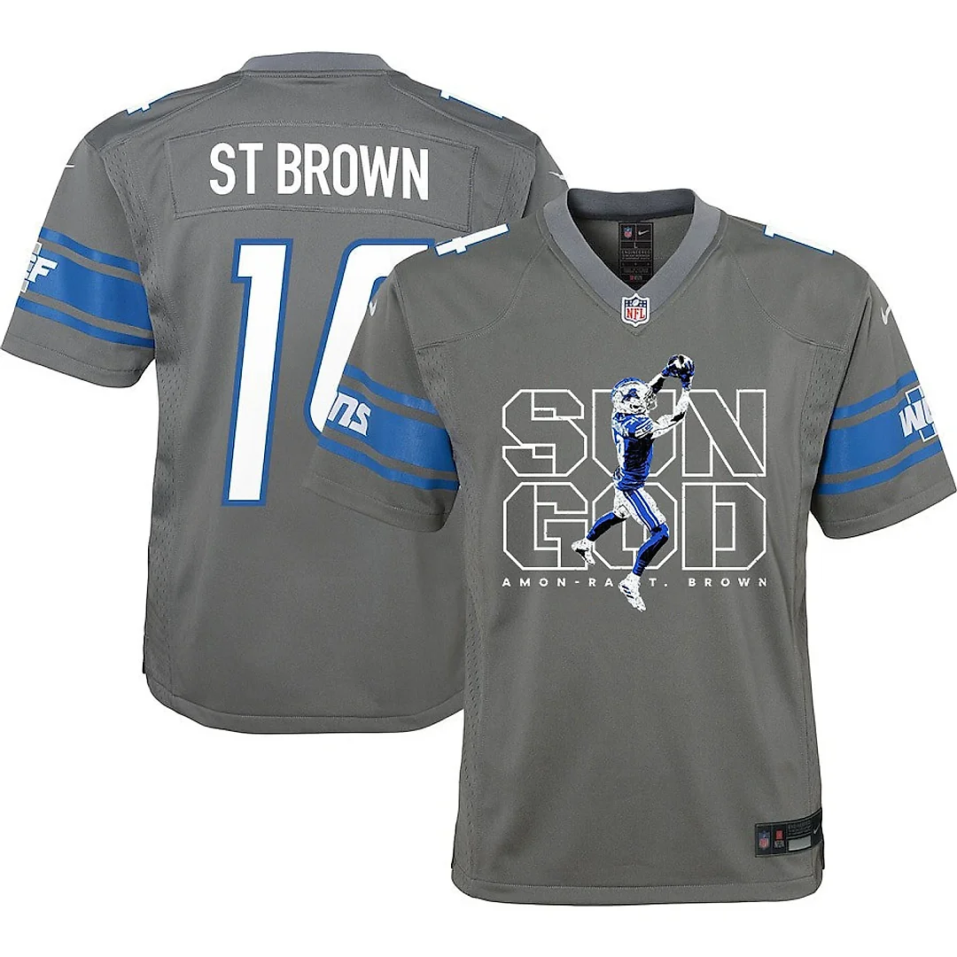 Zennovawear Amon-Ra St. Brown 14 Detroit Lions Sun God Game YOUTH Jersey - Silver