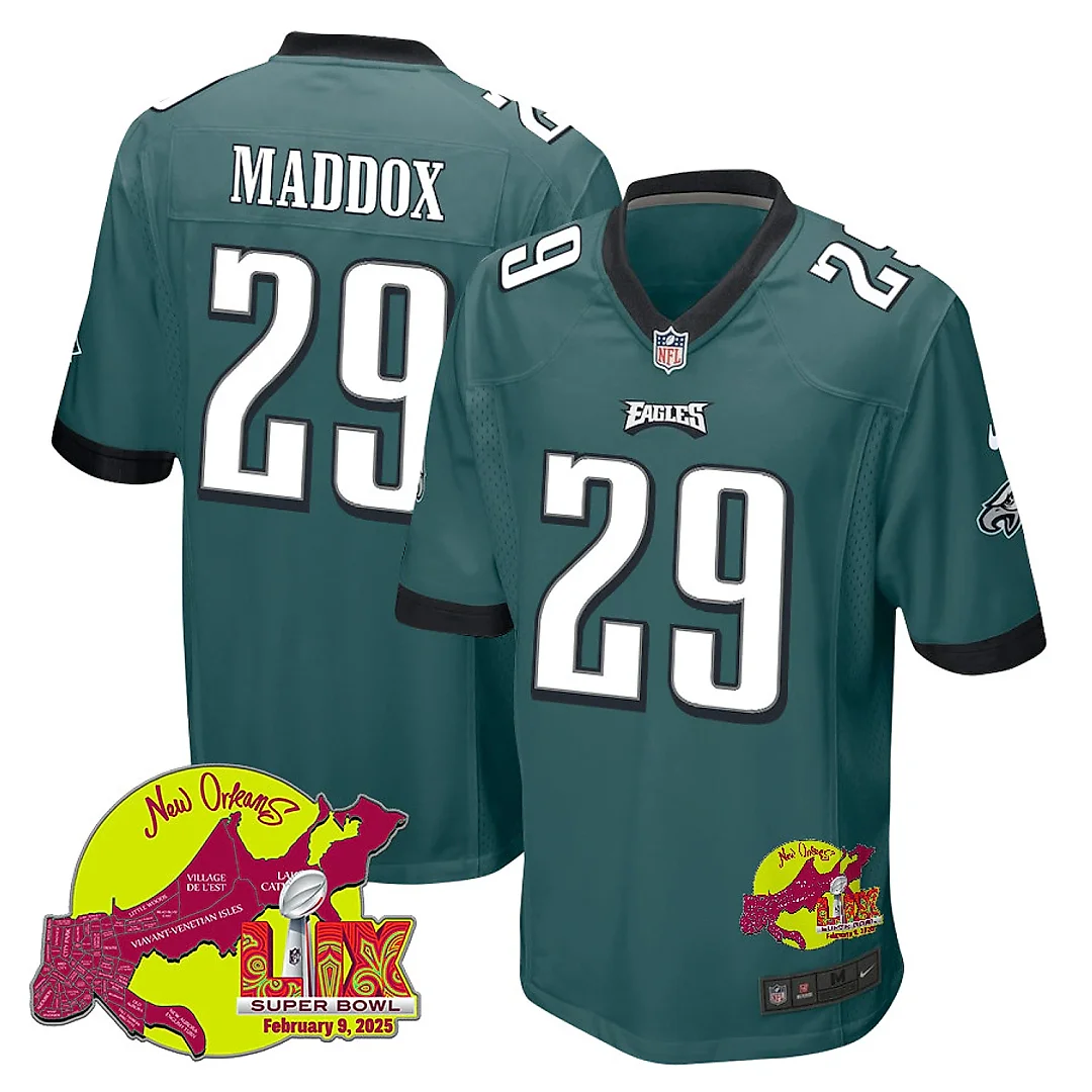 Zennovawear Avonte Maddox 29 Philadelphia Eagles Super Bowl LIX New Orleans Patch Game Men Jersey - Midnight Green