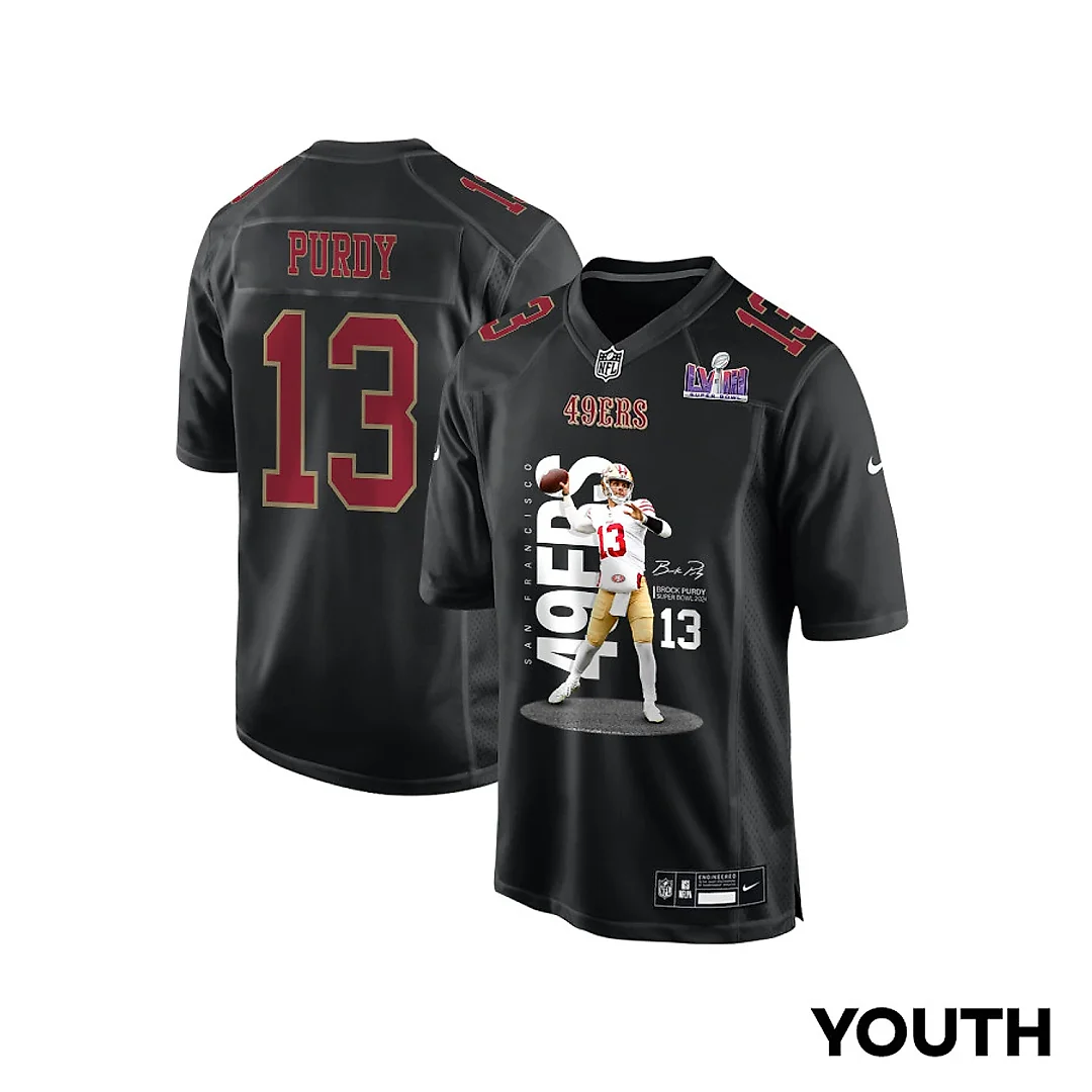 Zennovawear Brock Purdy 13 San Francisco 49ers Throwing Ball Fashion Game YOUTH Jersey - Carbon Black