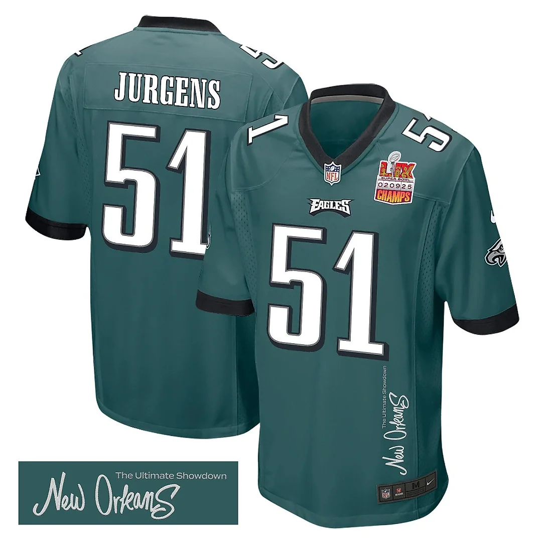 Zennovawear Cam Jurgens 51 Philadelphia Eagles Super Bowl LIX Champions Patch 'New Orleans - The Ultimate Showdown' EMBROIDERED Game Men Jersey...
