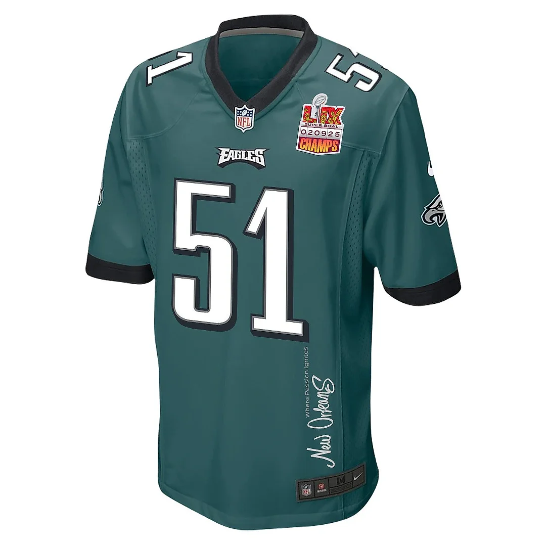 Zennovawear Cam Jurgens 51 Philadelphia Eagles Super Bowl LIX Champions Patch 'New Orleans - Where Passion Ignites' EMBROIDERED Game Men Jersey...