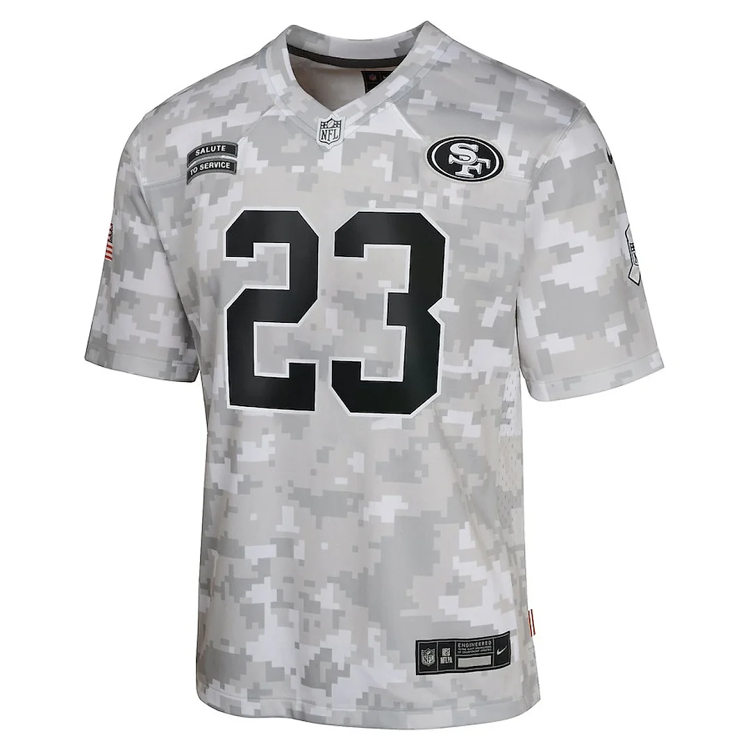 Zennovawear Christian McCaffrey 23 San Francisco 49ers 2024 Salute to Service Game YOUTH Jersey - Arctic Camo