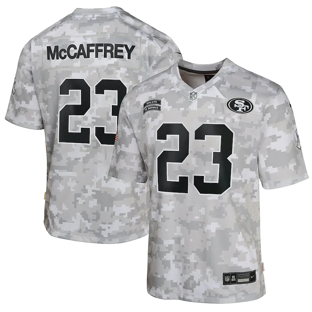 Zennovawear Christian McCaffrey 23 San Francisco 49ers 2024 Salute to Service Game YOUTH Jersey - Arctic Camo