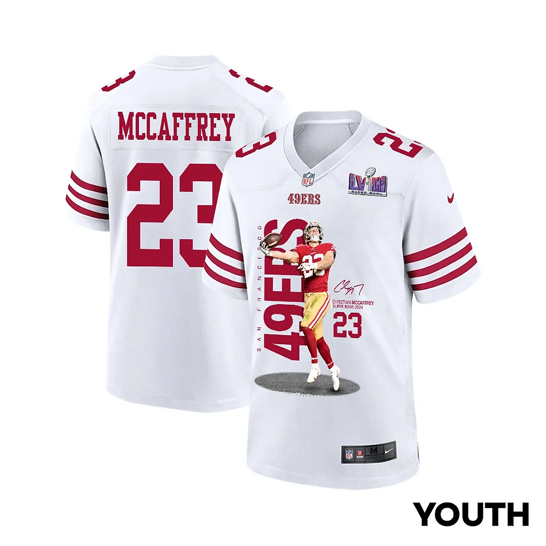 Zennovawear Christian McCaffrey 23 San Francisco 49ers Throwing Ball Game YOUTH Jersey - White