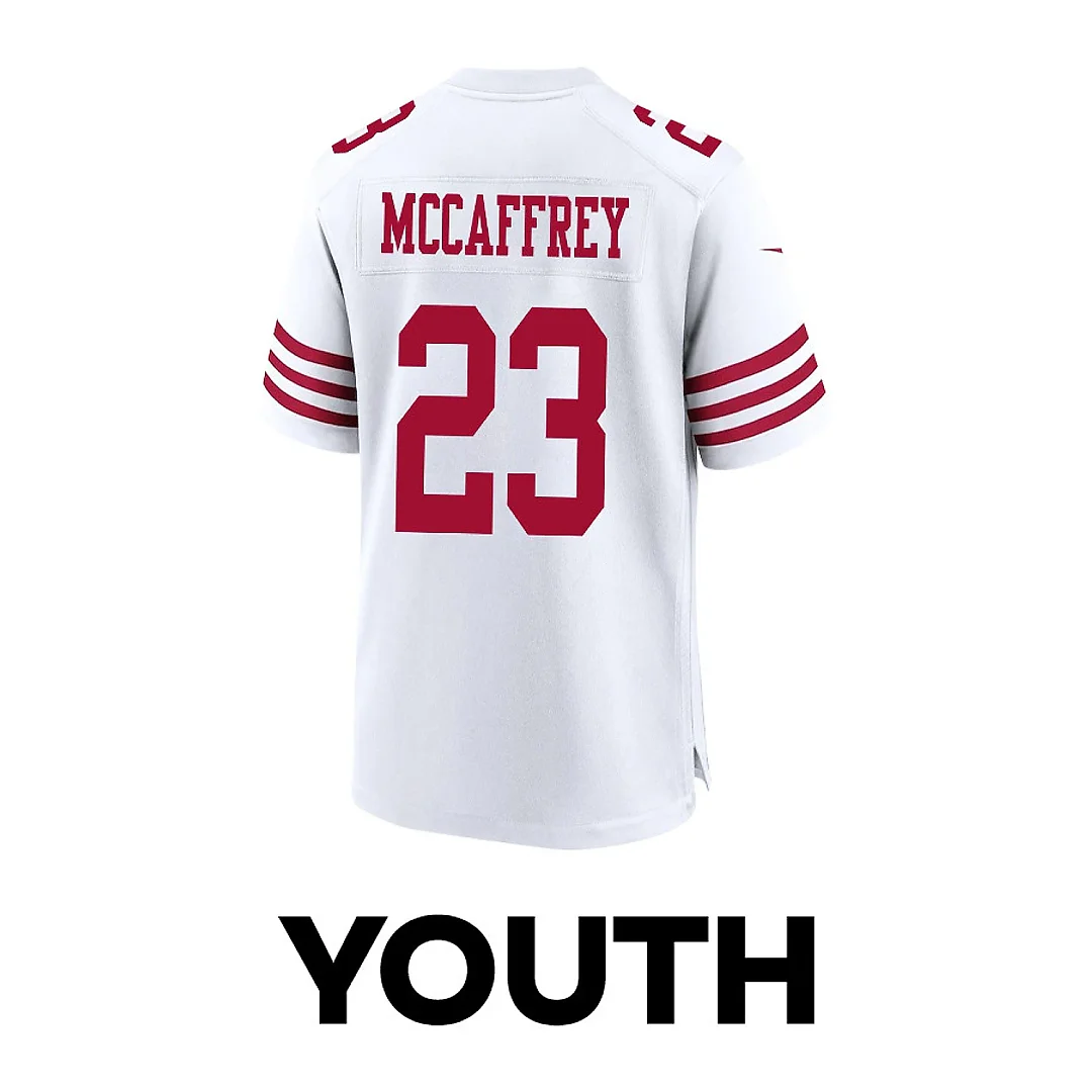 Zennovawear Christian McCaffrey 23 San Francisco 49ers Throwing Ball Game YOUTH Jersey - White