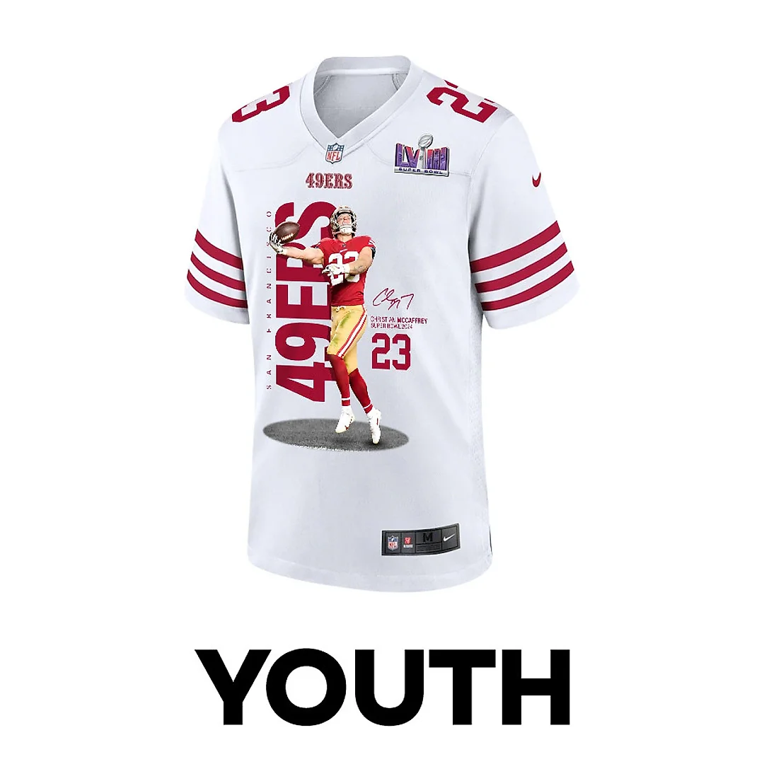 Zennovawear Christian McCaffrey 23 San Francisco 49ers Throwing Ball Game YOUTH Jersey - White