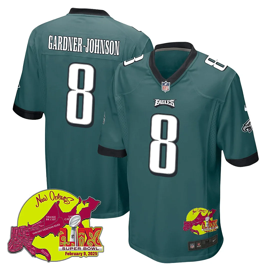 Zennovawear C.J. Gardner-Johnson 8 Philadelphia Eagles Super Bowl LIX New Orleans Patch Game Men Jersey - Midnight Green