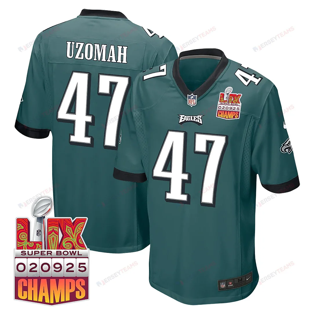 Zennovawear C.J. Uzomah 47 Philadelphia Eagles Super Bowl LIX Champions Patch Game Men Jersey - Midnight Green