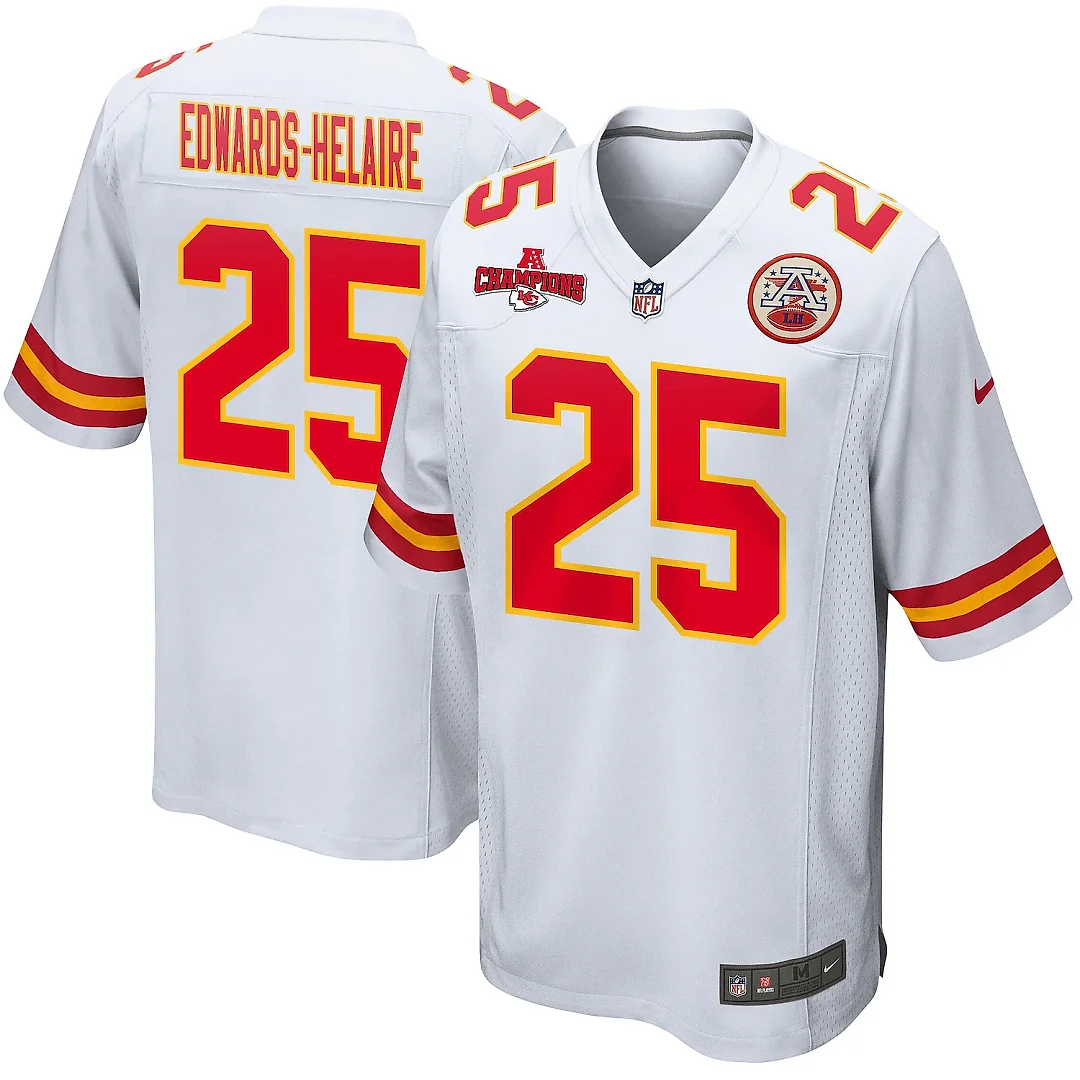 Zennovawear Clyde Edwards-Helaire 25 Kansas City Chiefs AFC Champions Patch Game Men Jersey - White