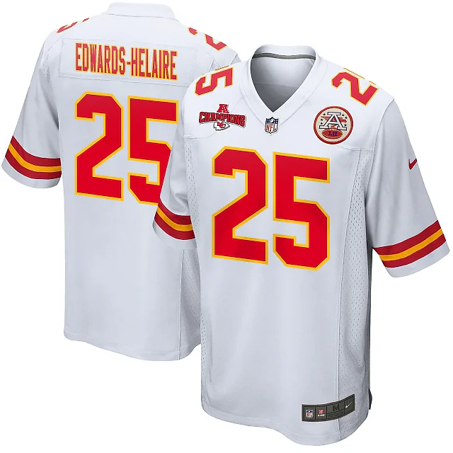 Zennovawear Clyde Edwards-Helaire 25 Kansas City Chiefs AFC Champions Patch Game Men Jersey - White