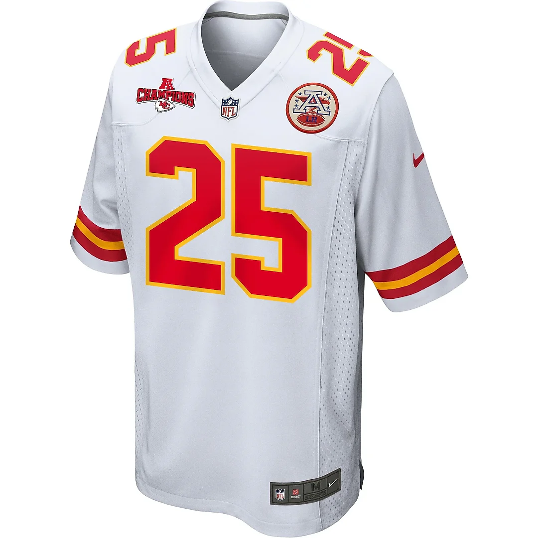 Zennovawear Clyde Edwards-Helaire 25 Kansas City Chiefs AFC Champions Patch Game Men Jersey - White
