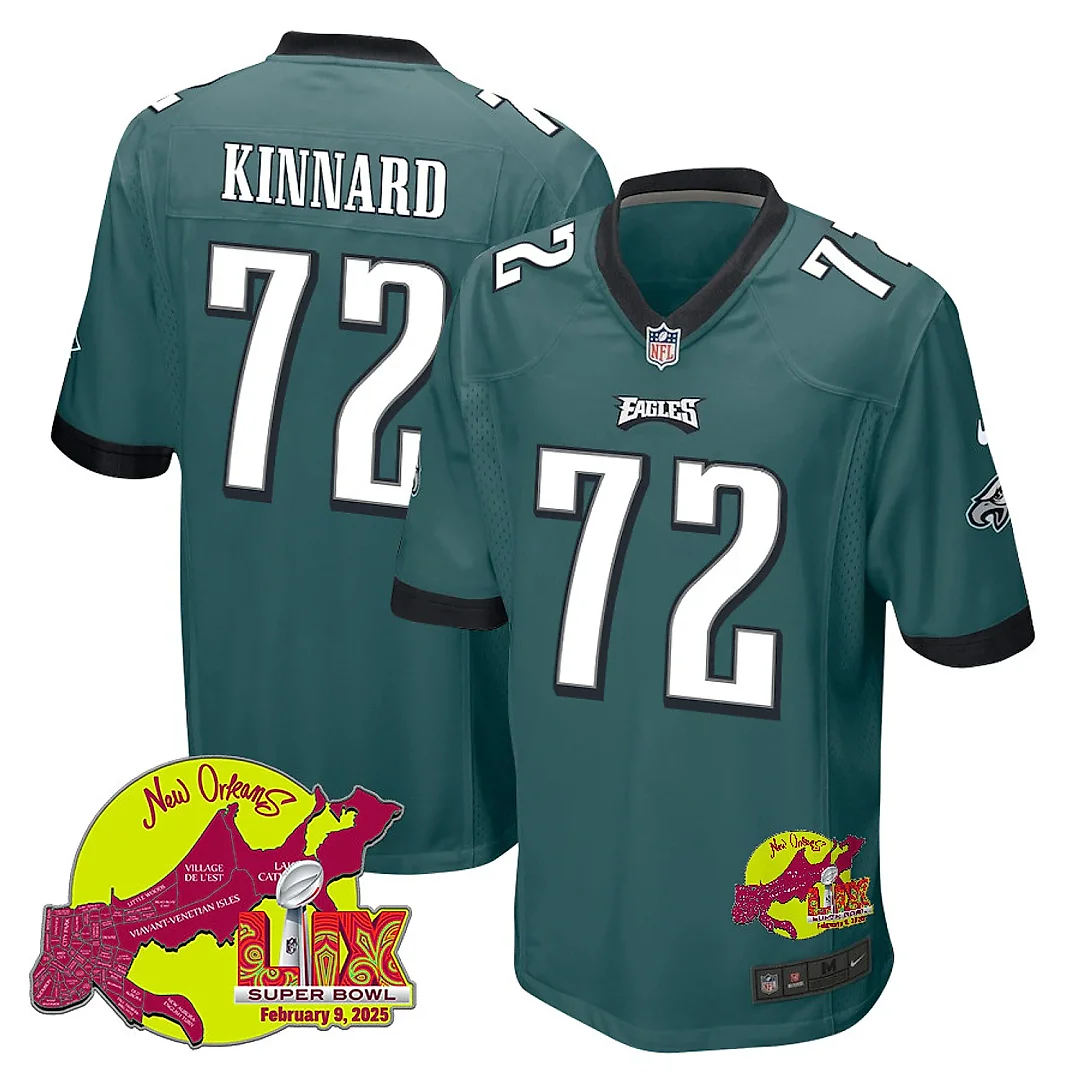 Zennovawear Darian Kinnard 72 Philadelphia Eagles Super Bowl LIX New Orleans Patch Game Men Jersey - Midnight Green