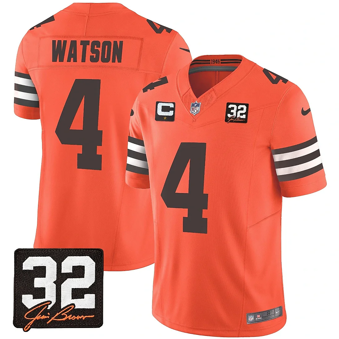 Zennovawear Deshaun Watson 4 Cleveland Browns Jim Brown Memorial Patch Game Men Jersey - Orange