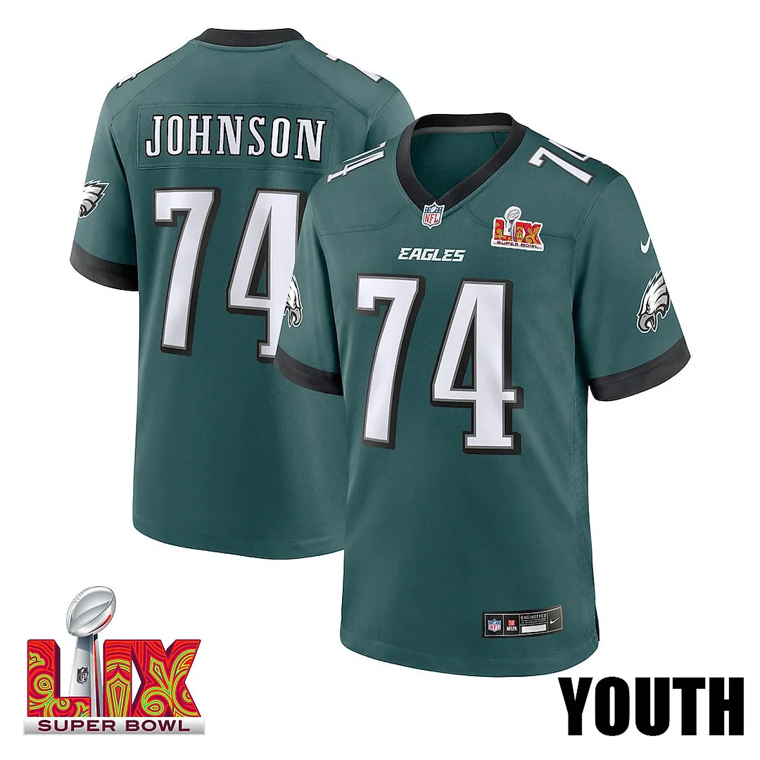 Zennovawear Fred Johnson 74 Philadelphia Eagles Super Bowl LIX YOUTH Jersey - Midnight Green