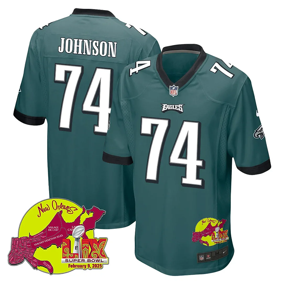 Zennovawear Fred Johnson 74 Philadelphia Eagles Super Bowl LIX New Orleans Patch Game Men Jersey - Midnight Green