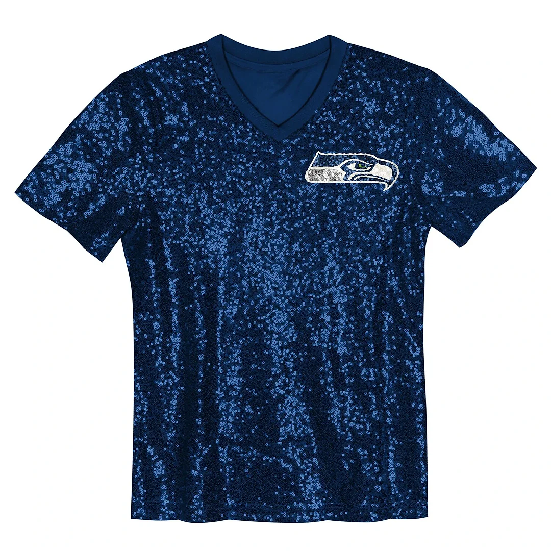 Zennovawear 12 Fan Seattle Seahawks Girls Youth Sequin V-Neck Fashion Jersey - College Navy