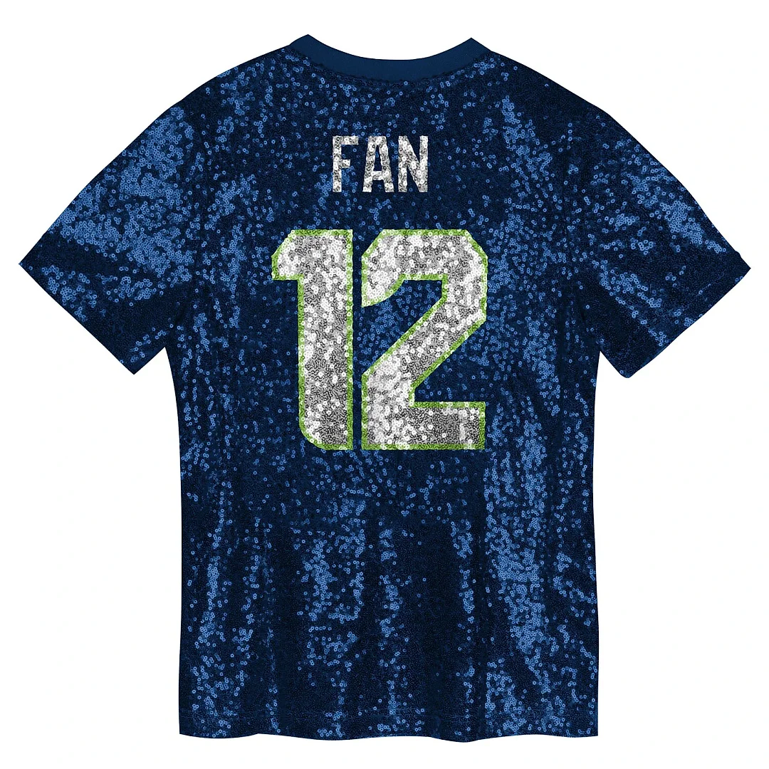 Zennovawear 12 Fan Seattle Seahawks Girls Youth Sequin V-Neck Fashion Jersey - College Navy