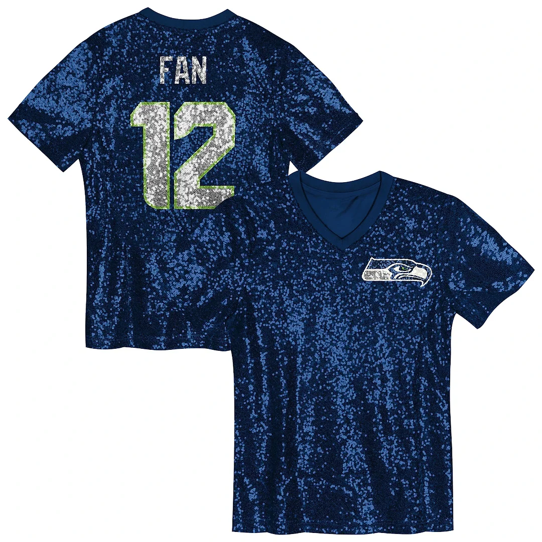 Zennovawear 12 Fan Seattle Seahawks Girls Youth Sequin V-Neck Fashion Jersey - College Navy