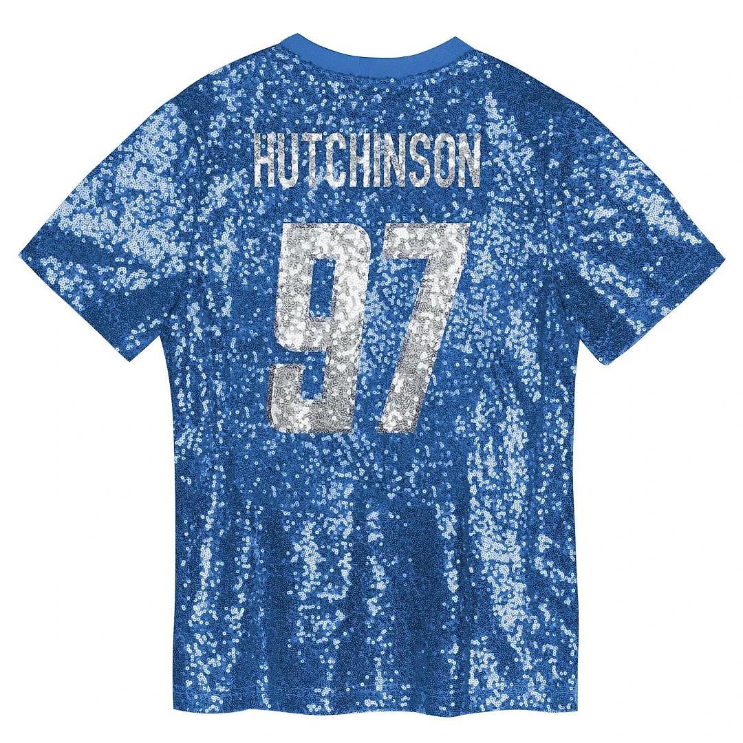 Zennovawear Aidan Hutchinson Detroit Lions Girls Youth Sequin V-Neck Fashion Jersey - Blue