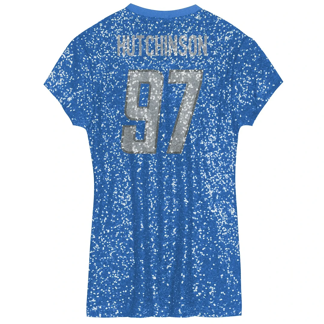 Zennovawear Aidan Hutchinson Detroit Lions Girls Youth Sequin Player Name & Number V-Neck Dress - Blue