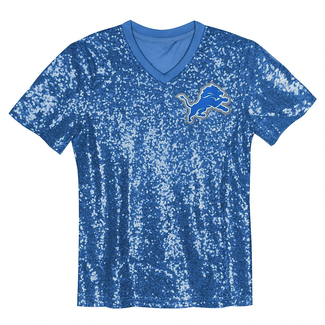 Zennovawear Aidan Hutchinson Detroit Lions Girls Youth Sequin V-Neck Fashion Jersey - Blue