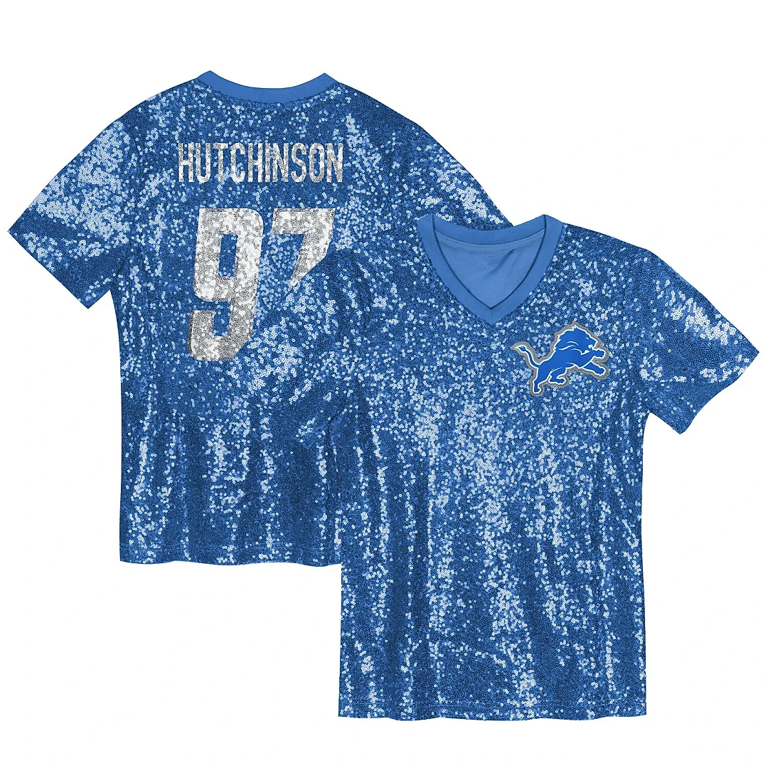 Zennovawear Aidan Hutchinson Detroit Lions Girls Youth Sequin V-Neck Fashion Jersey - Blue
