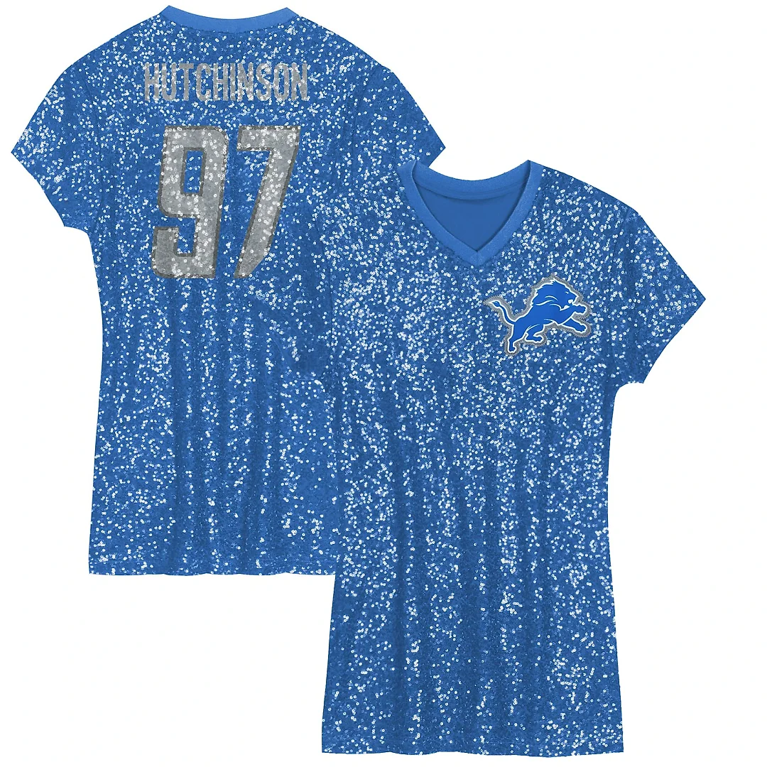 Zennovawear Aidan Hutchinson Detroit Lions Girls Youth Sequin Player Name & Number V-Neck Dress - Blue