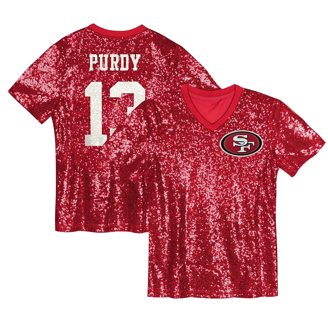Zennovawear Brock Purdy San Francisco 49ers Girls Youth Sequin V-Neck Fashion Jersey - Scarlet
