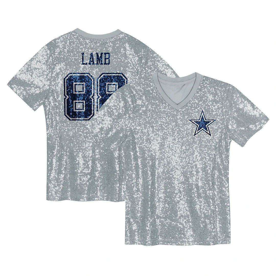 Zennovawear CeeDee Lamb Dallas Cowboys Girls Youth Sequin V-Neck Fashion Jersey - Silver