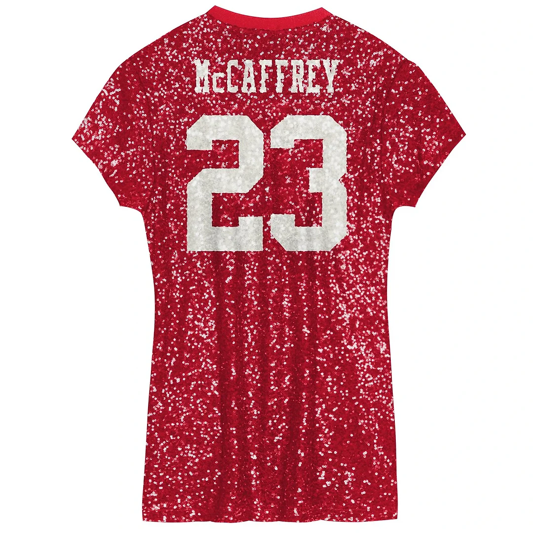 Zennovawear Christian McCaffrey San Francisco 49ers Girls Youth Sequin Player Name & Number V-Neck Dress - Scarlet