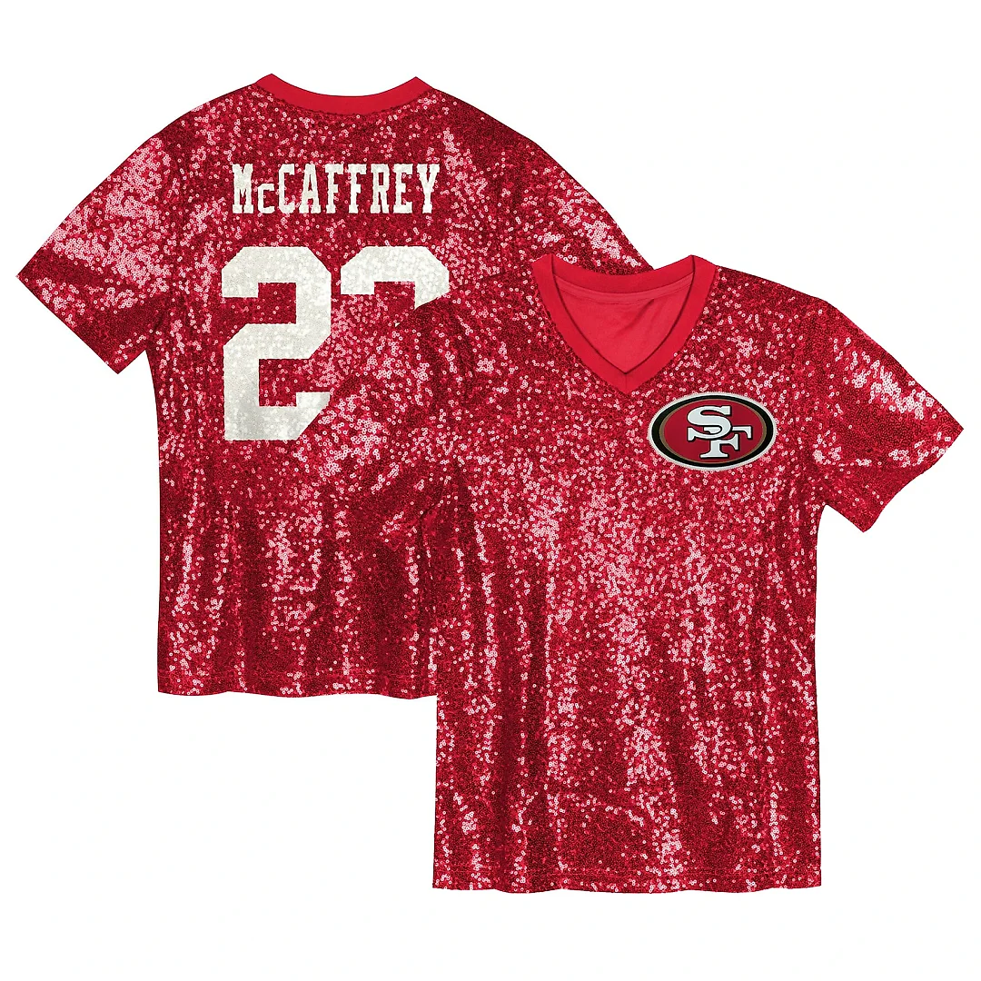 Zennovawear Christian McCaffrey San Francisco 49ers Girls Youth Sequin V-Neck Fashion Jersey - Scarlet