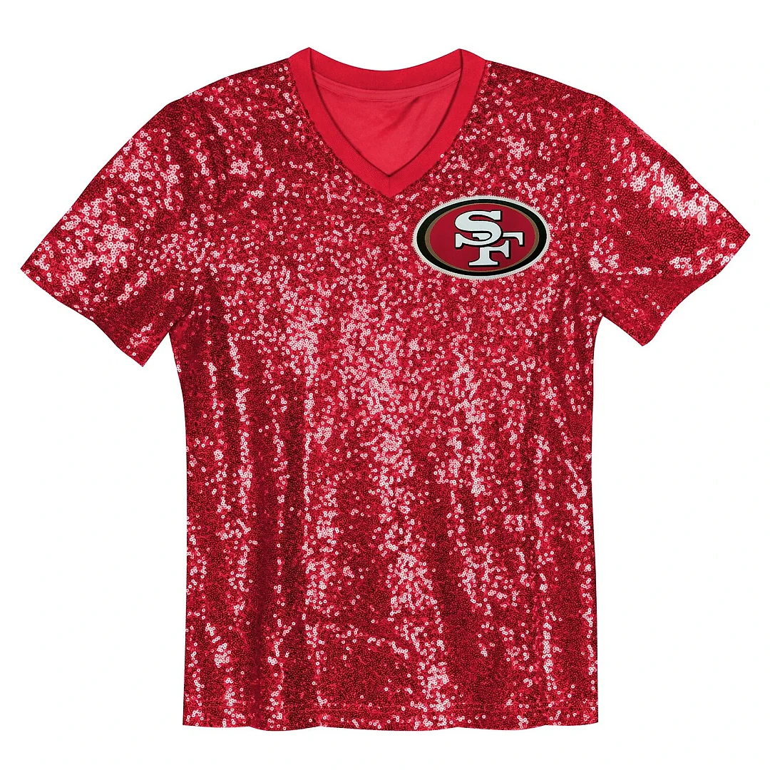 Zennovawear Christian McCaffrey San Francisco 49ers Girls Youth Sequin V-Neck Fashion Jersey - Scarlet