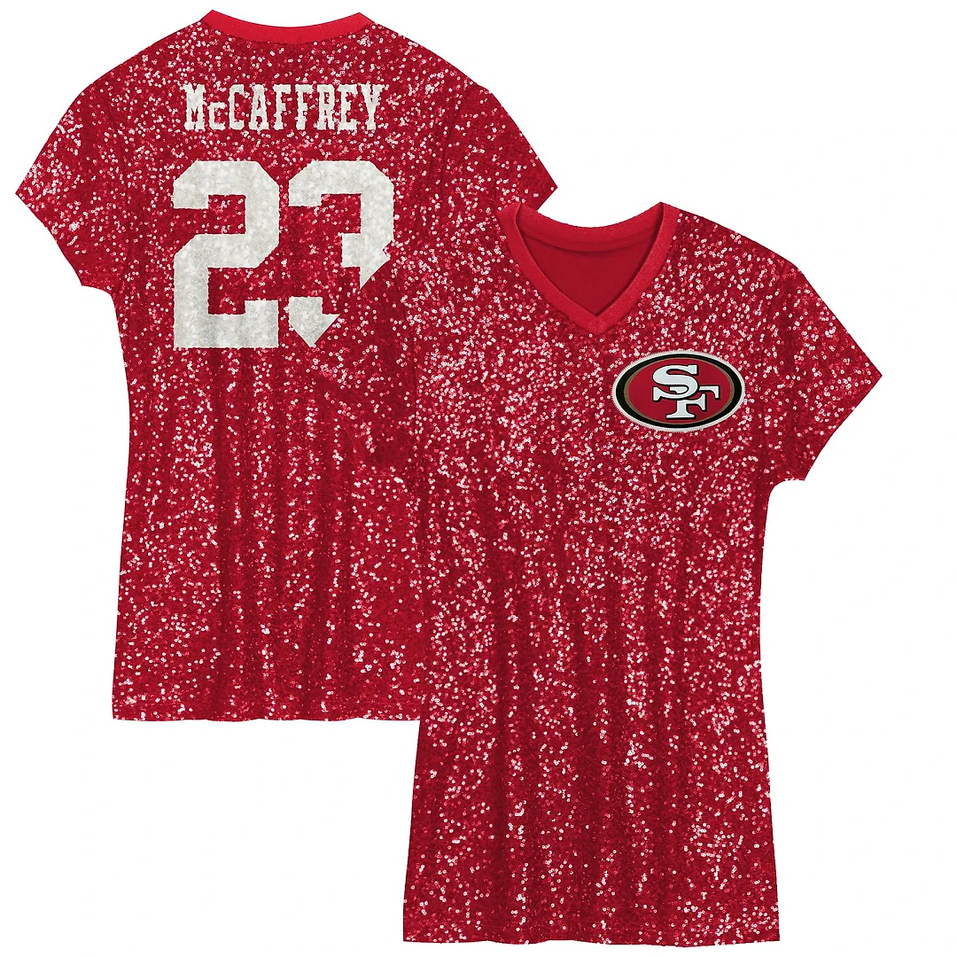 Zennovawear Christian McCaffrey San Francisco 49ers Girls Youth Sequin Player Name & Number V-Neck Dress - Scarlet