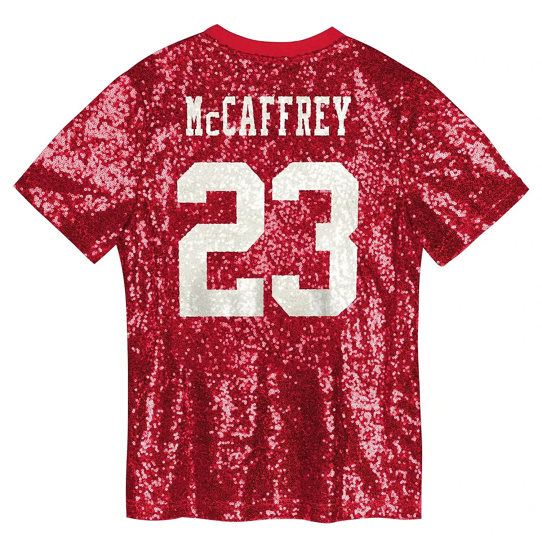 Zennovawear Christian McCaffrey San Francisco 49ers Girls Youth Sequin V-Neck Fashion Jersey - Scarlet