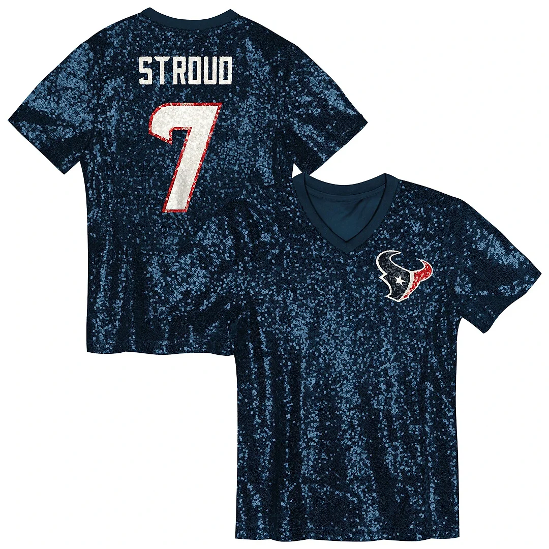 Zennovawear C.J. Stroud Houston Texans Girls Youth Sequin V-Neck Fashion Jersey - Navy