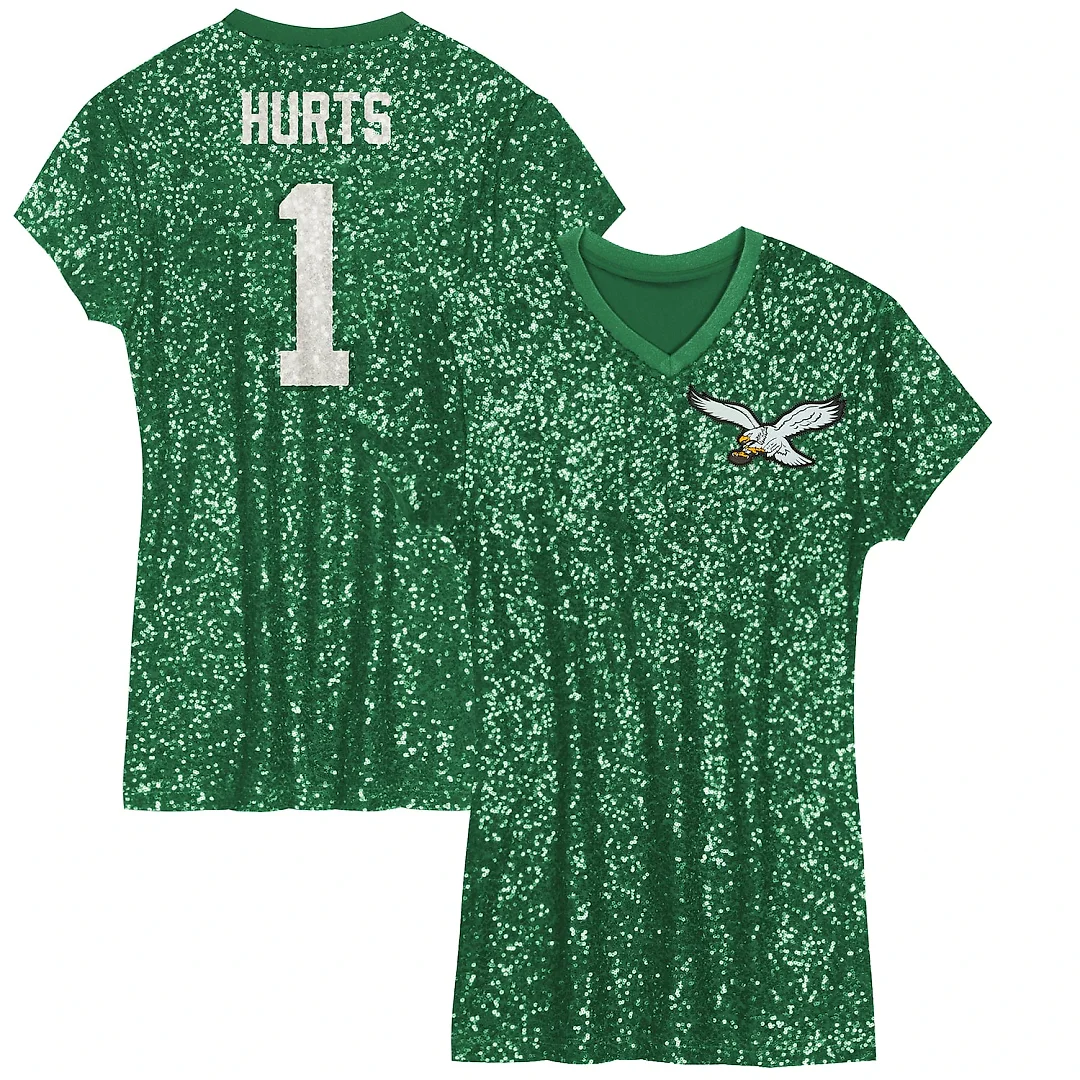 Zennovawear Jalen Hurts Philadelphia Eagles Girls Youth Sequin Player Name & Number V-Neck Dress - Kelly Green