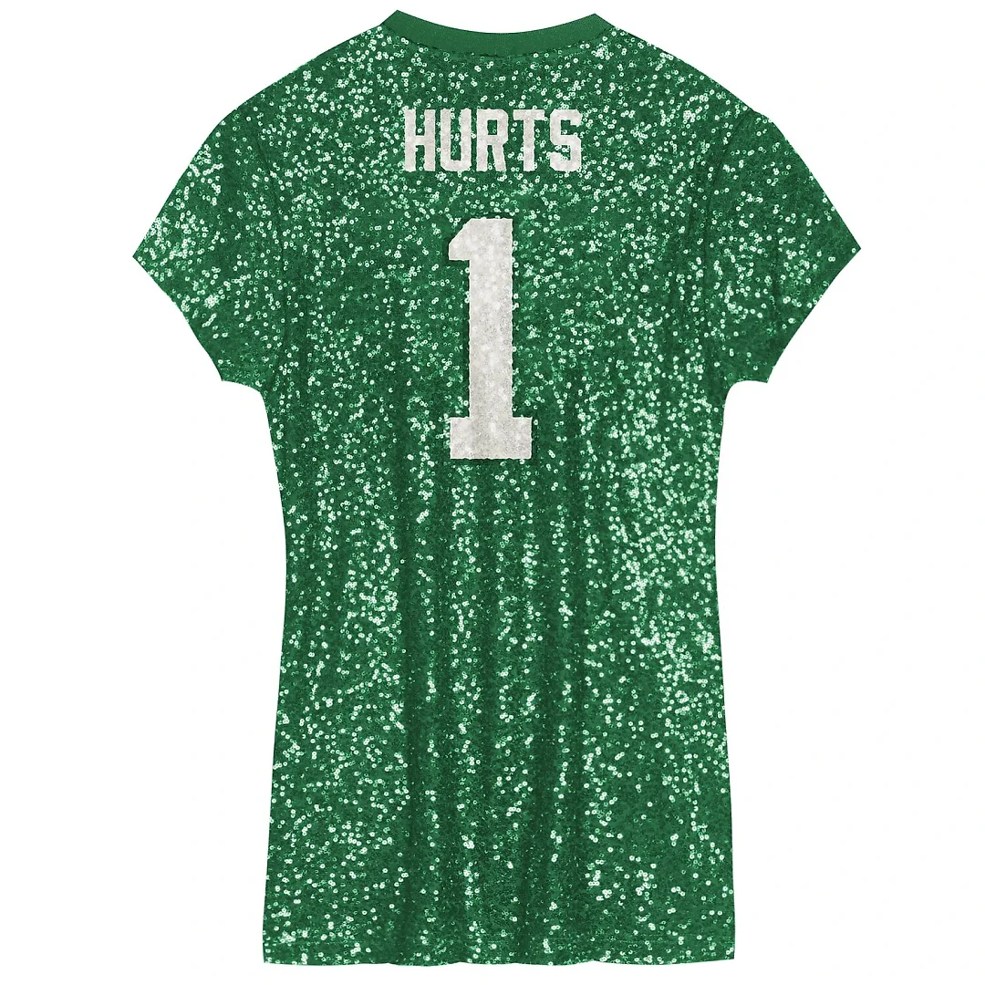 Zennovawear Jalen Hurts Philadelphia Eagles Girls Youth Sequin Player Name & Number V-Neck Dress - Kelly Green