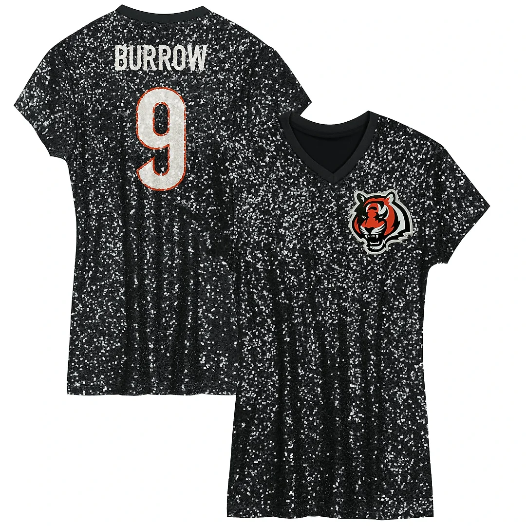Zennovawear Joe Burrow Cincinnati Bengals Girls Youth Sequin Player Name & Number V-Neck Dress - Black