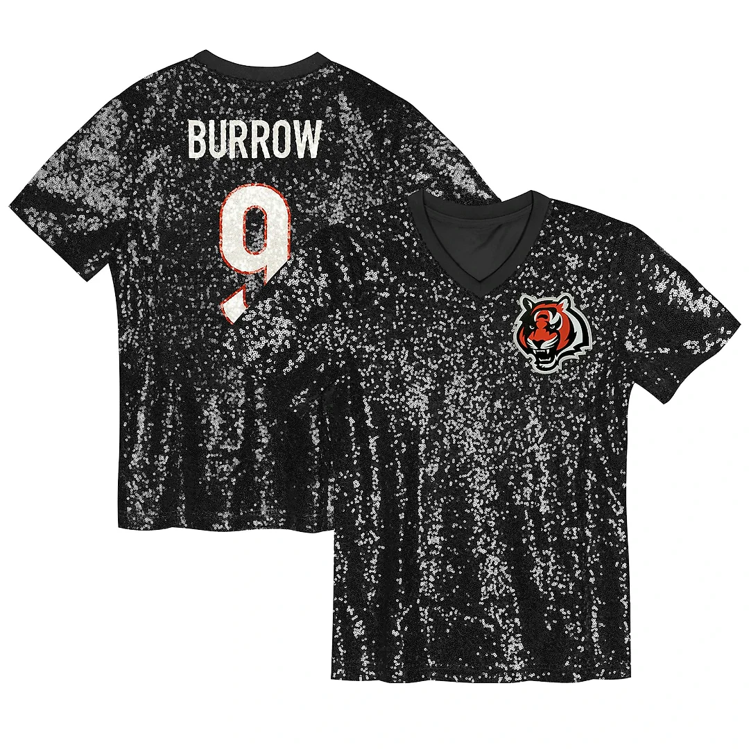 Zennovawear Joe Burrow Cincinnati Bengals Girls Youth Sequin V-Neck Fashion Jersey - Black
