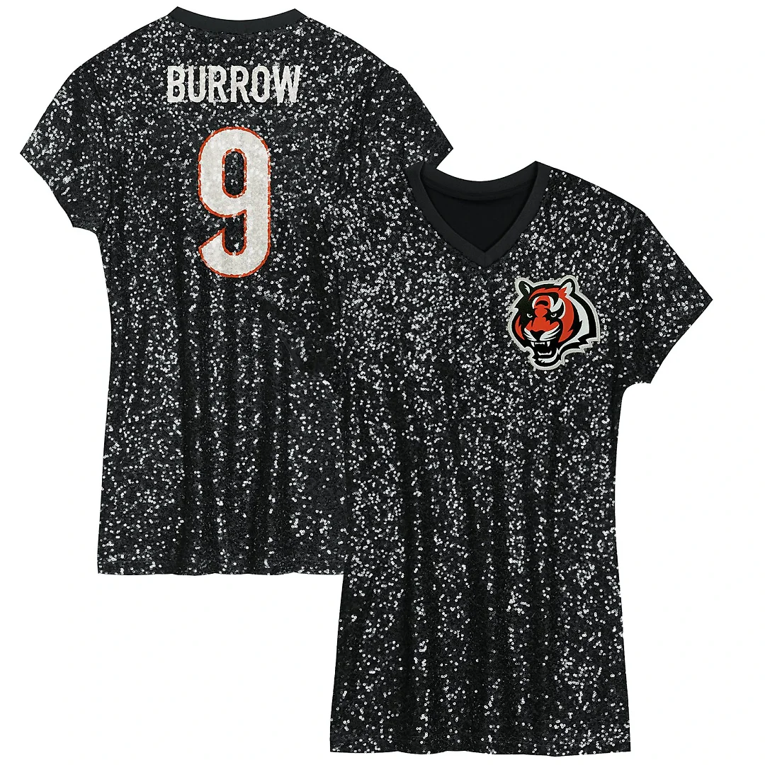 Zennovawear Joe Burrow Cincinnati Bengals Girls Youth Sequin Player Name & Number V-Neck Dress - Black