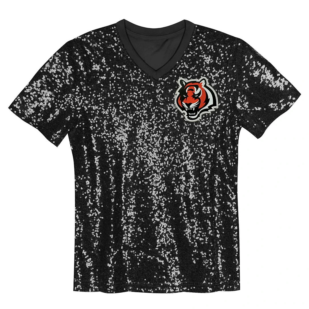 Zennovawear Joe Burrow Cincinnati Bengals Girls Youth Sequin V-Neck Fashion Jersey - Black