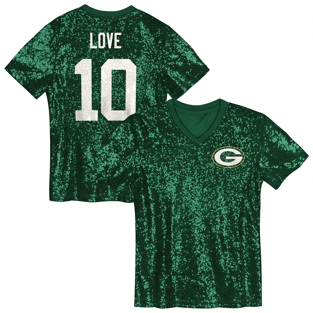 Zennovawear Jordan Love Green Bay Packers Girls Youth Sequin V-Neck Fashion Jersey - Green