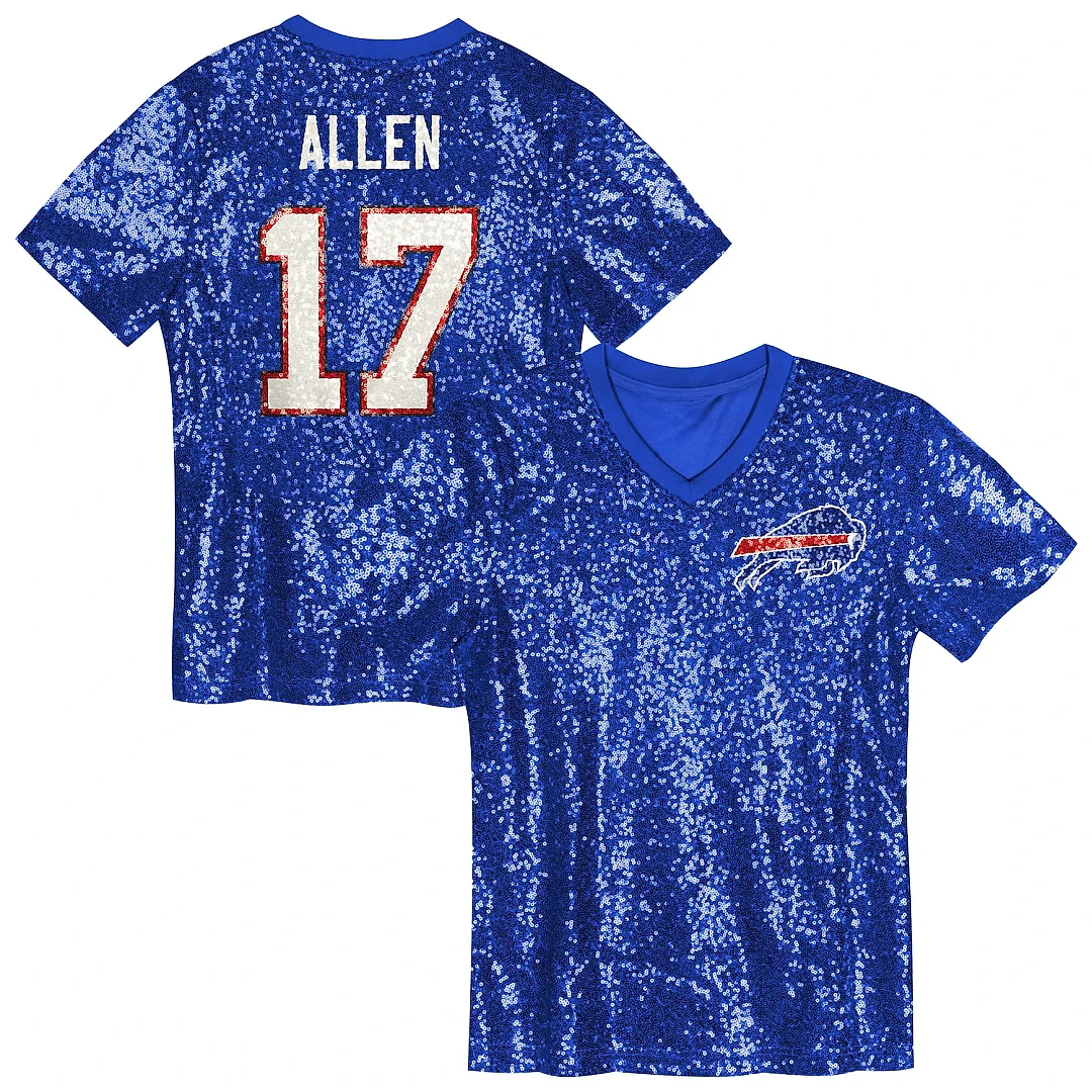 Zennovawear Josh Allen Buffalo Bills Girls Youth Sequin V-Neck Fashion Jersey - Royal
